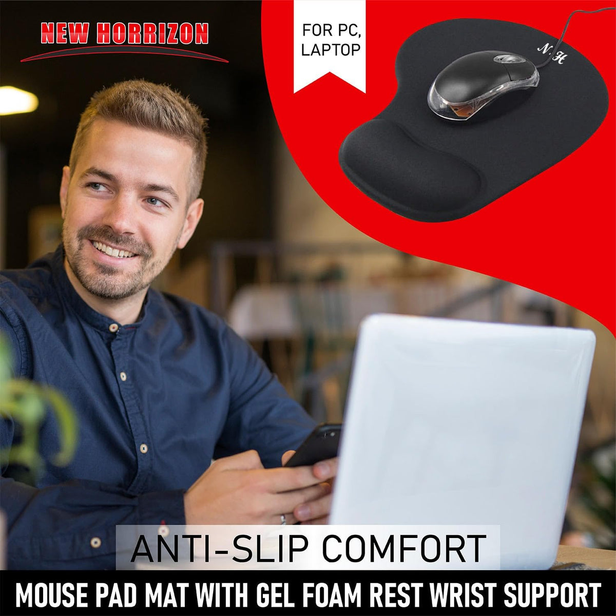 Mouse Mat ANTI-SLIP COMFORT MOUSE PAD MAT WITH GEL FOAM REST WRIST SUPPORT FOR PC LAPTOP (Blue, Regular)