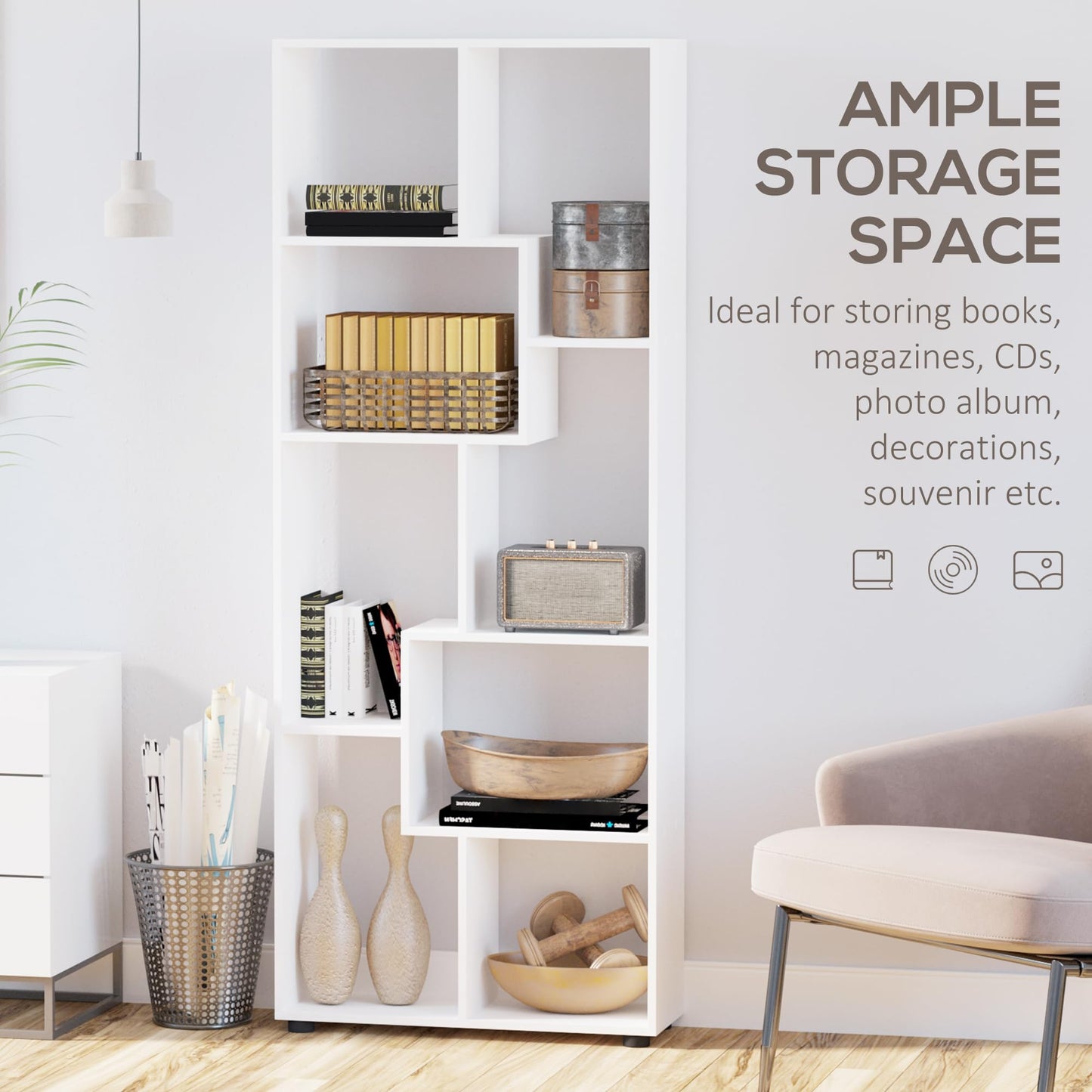 HOMCOM Bookshelf, Tall Bookcase, Modern Room Divider, 8 Cube Storage Unit, Freestanding Storage Shelf for Living Room, Bedroom, Home Office, 70 x 24 x 178 cm, White