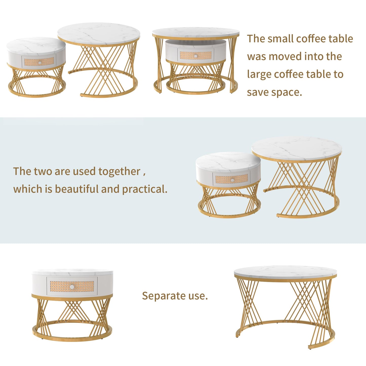 ModernLuxe 2-in-1 Coffee Table, Multi-functional Side Table with Marble Grain Veneer Top, Rattan Drawers, Solid Wood Handles, Gold Coloured Iron Legs, Round Nest of Tables for Living Room, Black