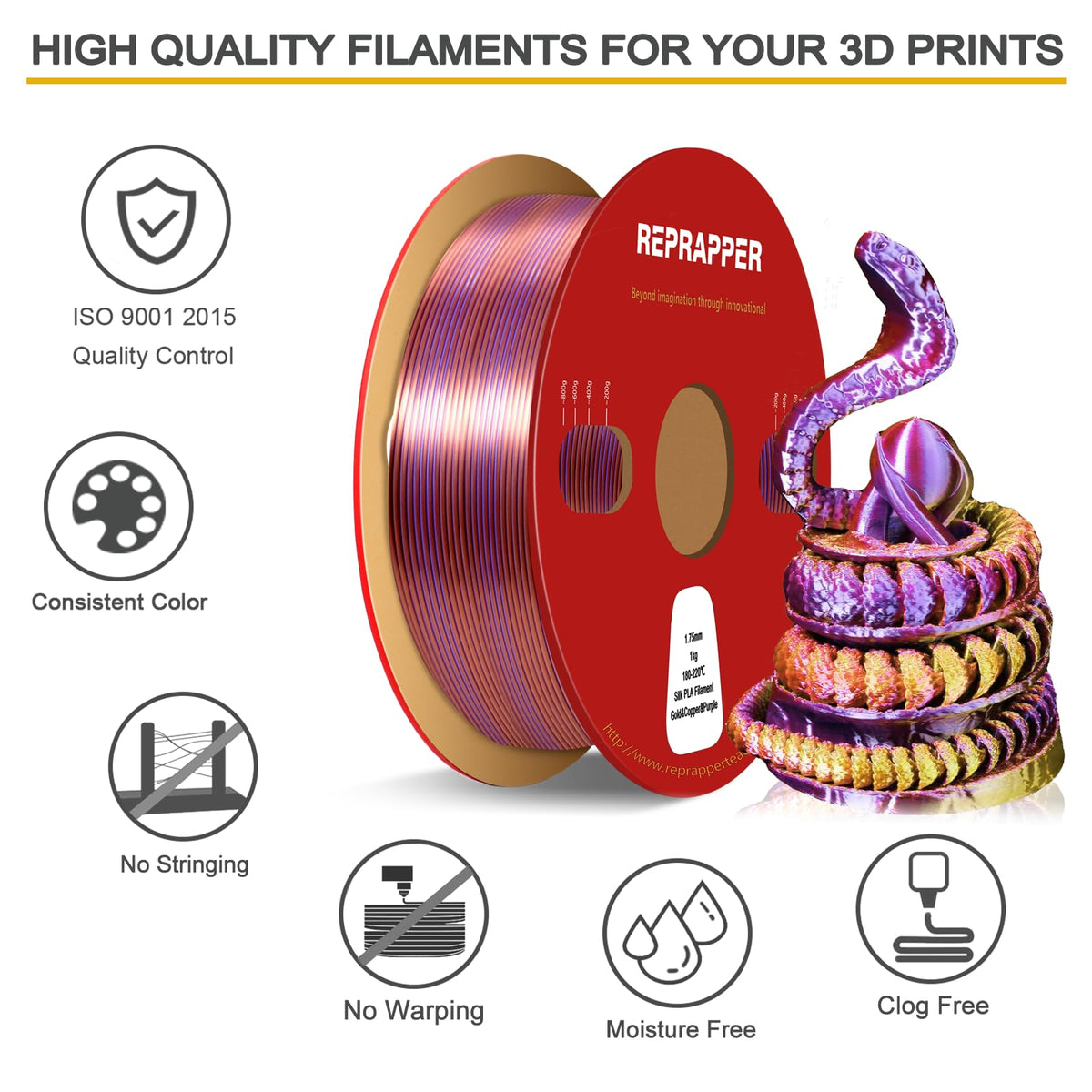 Reprapper 4X 250g Color Pack – Dual Color PLA Filament 1.75mm for 3D Printer & 3D Pen, Multicolour Filament, 4 x 250g Matte Red/Blue, Matte Purple/Green, Silk Red/Blue, and Silk Purple/Green