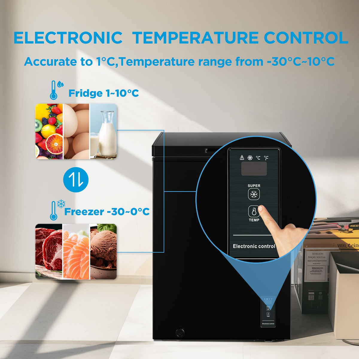 COMFEE' 99L Chest Freezer, Convertible Refrigeration Mode, RCC102BL2UK(E)