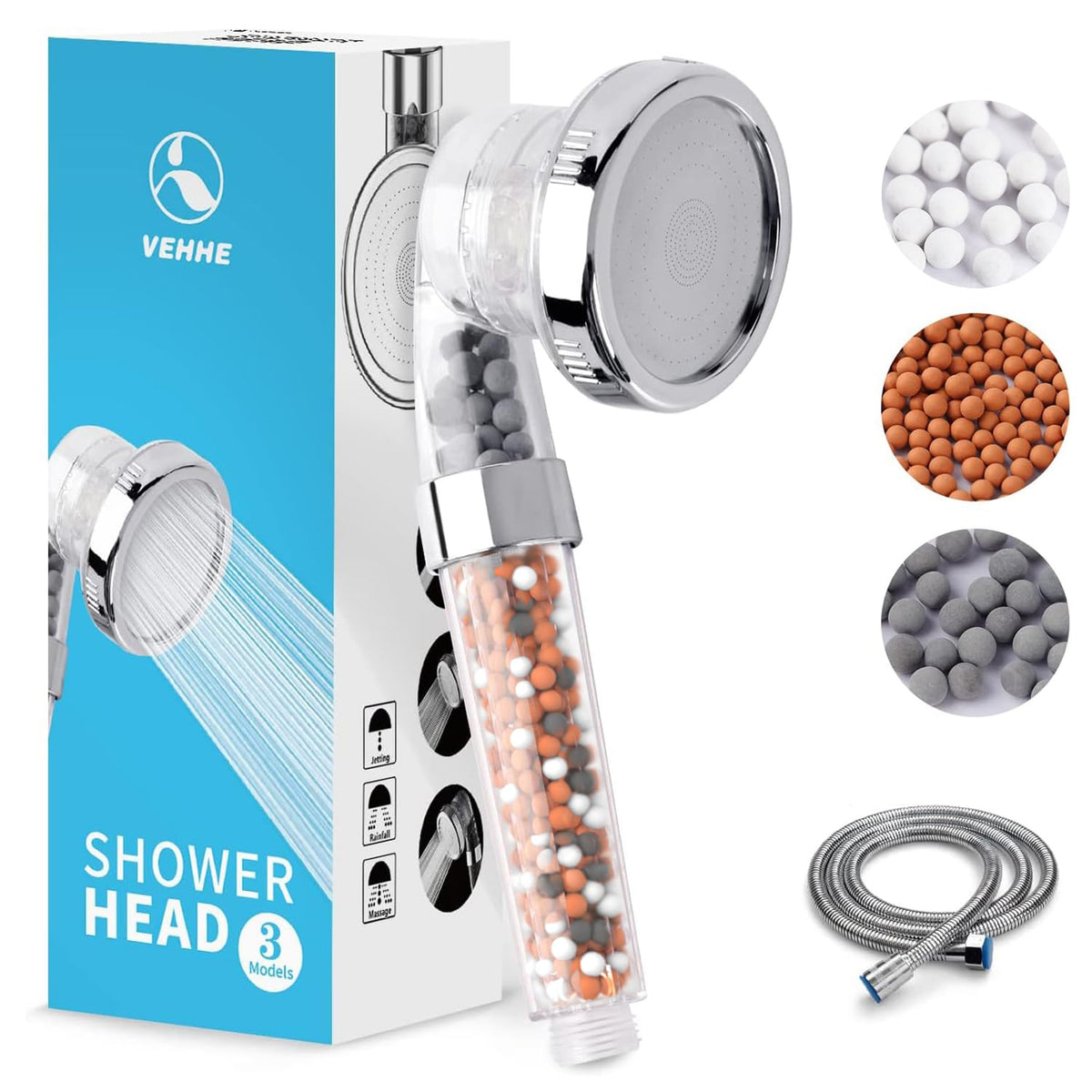 VEHHE High Pressure Shower Head with Filter Beads, 3 Spray Modes