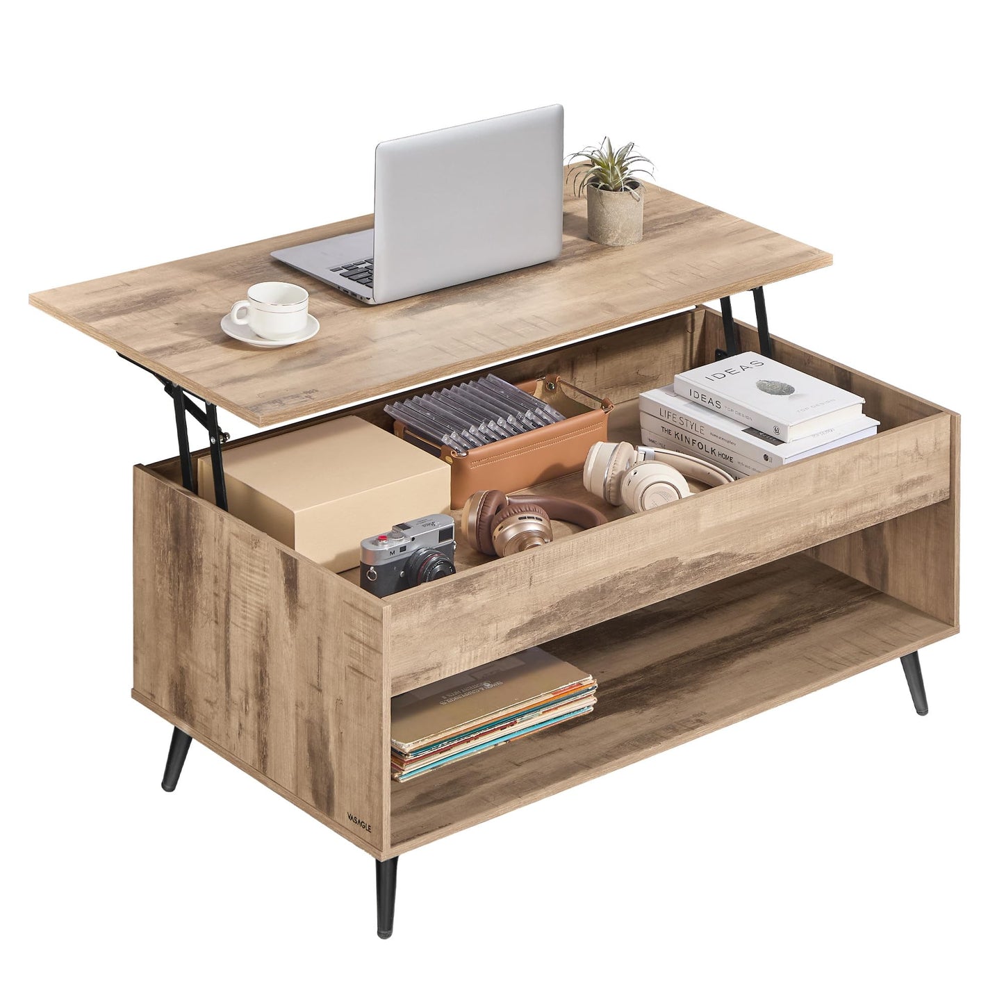 VASAGLE Lift Top Coffee Table, Lift Tabletop Dining Table, Gas Spring, Hidden Compartment, Open Storage Shelf, for Living Room, Home Office, Rustic Brown and Matte Black LCT267KD01