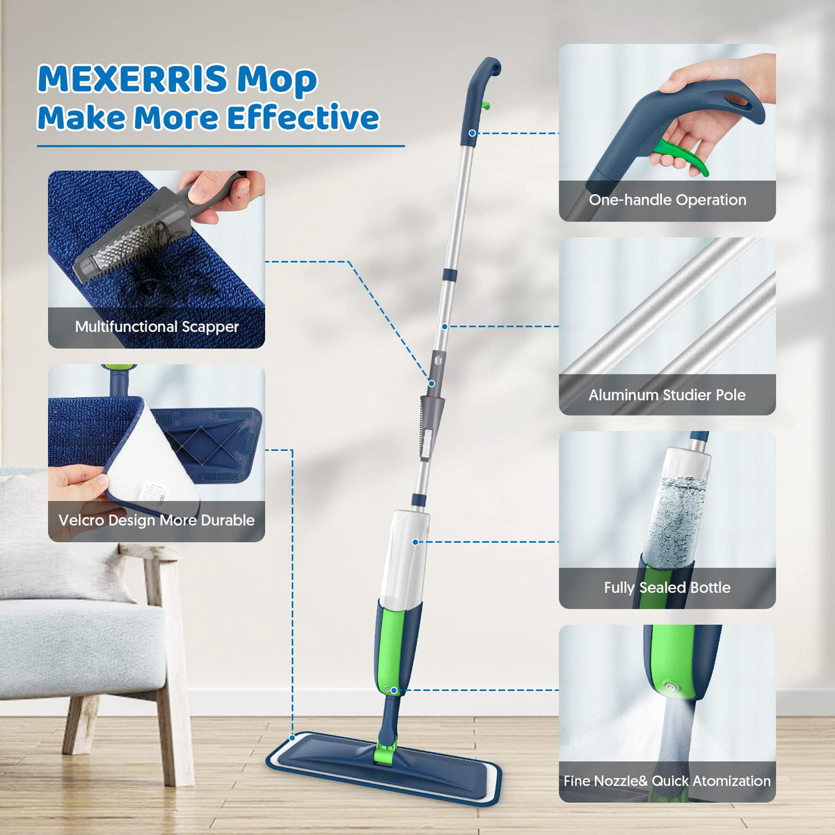 Microfibre Floor Mop with 4 Washable Pads: Spray Mops for Cleaning Floors