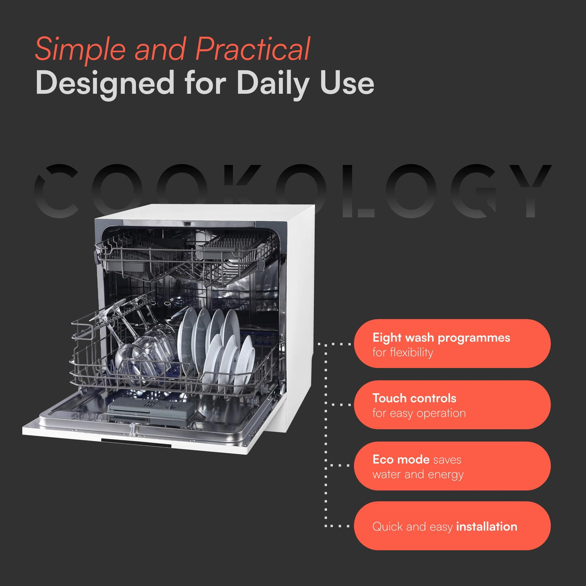 Cookology Mini Countertop Dishwasher - 8 Place Settings - Silver