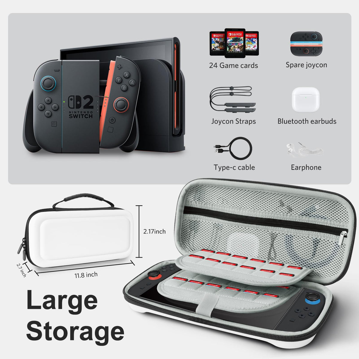 CoBak Large Capacity Carrying Case for Nintendo Switch 2 2025- 3 in 1 Black