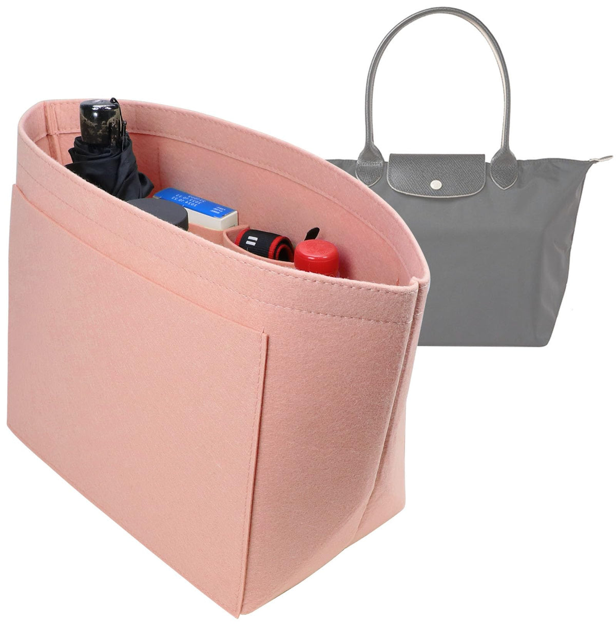 Lckaey tote bag organizer insert for Longchamp le pliage large tote insert felt purse zipper bag organizer 1028pink-S