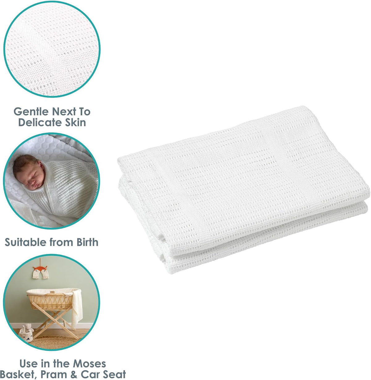 Clair de Lune Soft Cotton Cellular Baby Shawl Blanket 70 x 90 cm (White)