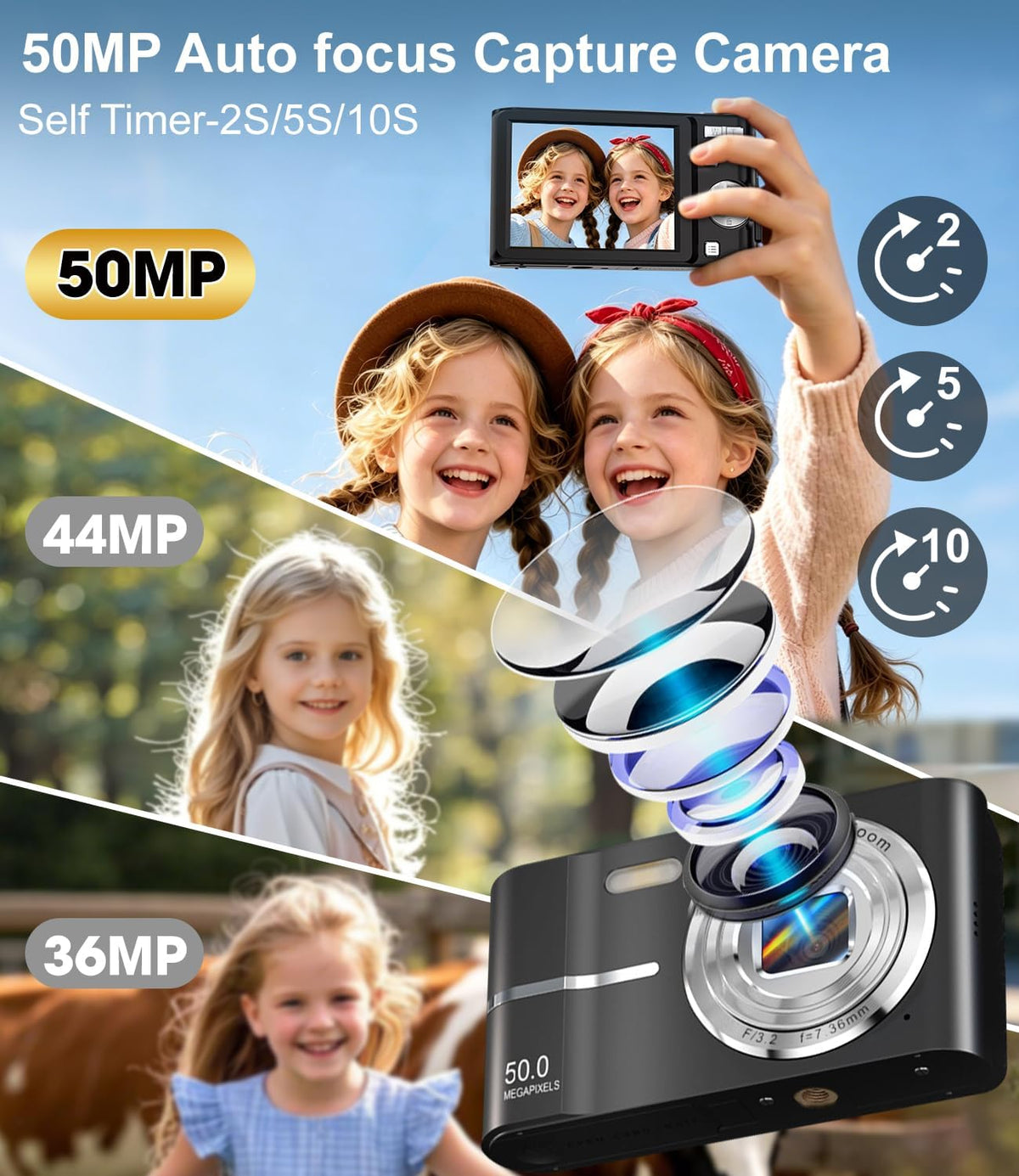 Digital Camera, 1080P FHD Vlogging Camera 50MP Compact Portable Photo Camera with 2.4" Screen, 16X Digital Zoom Mini Small Pocket Camera for Kids Students with 1 Battery, 16GB Card (Black)