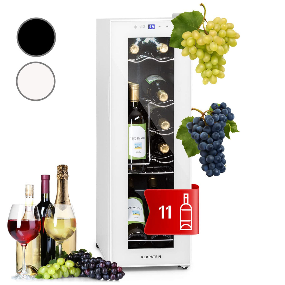 KLARSTEIN Shiraz Wine Cooler Black – 8 Bottles, 1 Zone | Freestanding Wine Fridge with Glass Door, Quiet, 5–18 °C, LED, Stainless Steel Frame