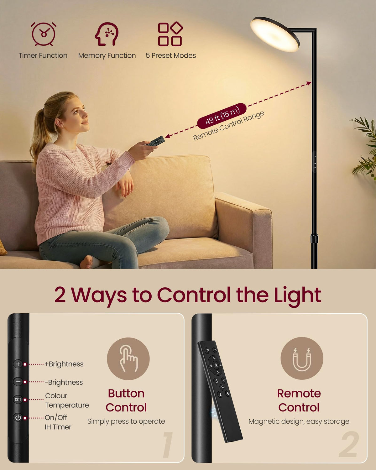 VASAGLE LUSIA LED Floor Lamp, Uplighter, Reading Light, 38.5x23.5x176cm