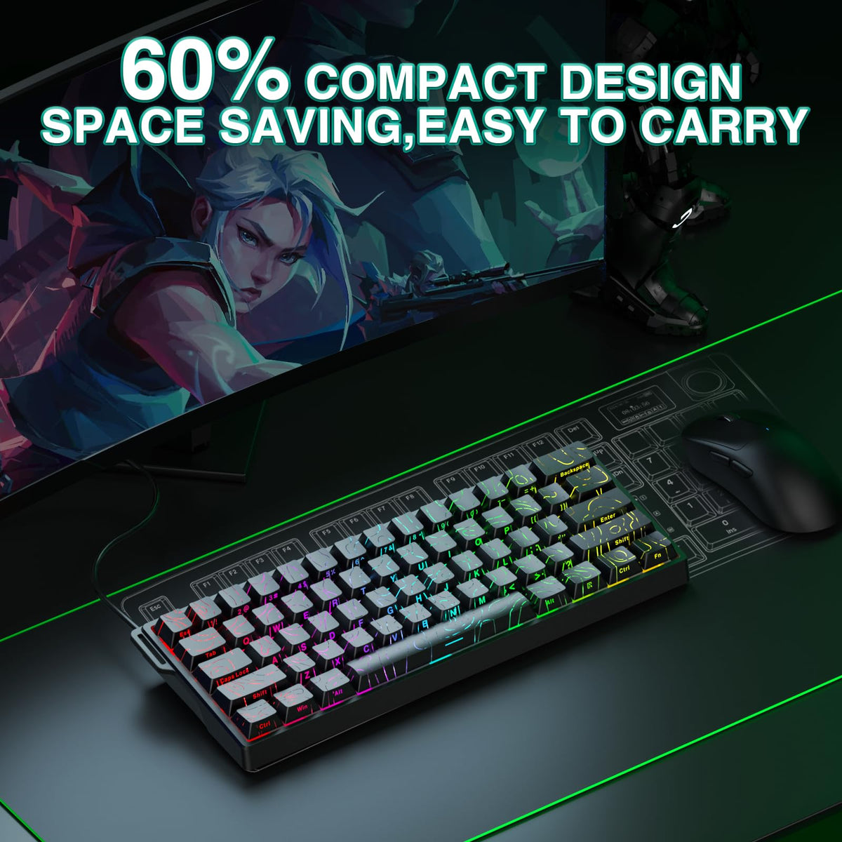 AULA WIN60 HE Mechanical Gaming Keyboard Wired,Hall Effect Magnetic Switches,Adjustable Actuation Rapid Trigger,8K Polling Rate,RGB Backlight,60% Percent Keyboard for Mac/Win (BLACK) (Pack of 2)