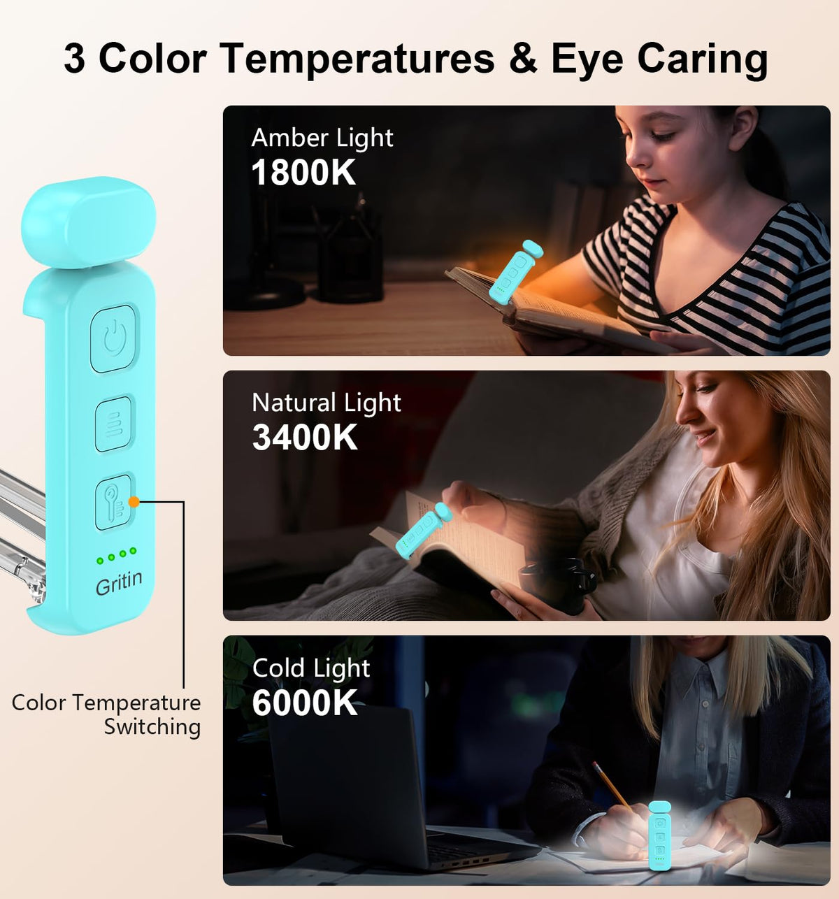 Gritin Book Light Rechargeable, Reading Light Lamp Clip on Books