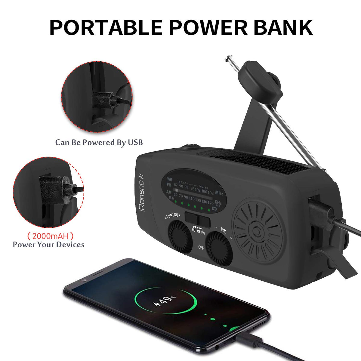 5000mAh Wind Up Solar Radio, Emergency Crank Weather Radio, FM/AM Radios