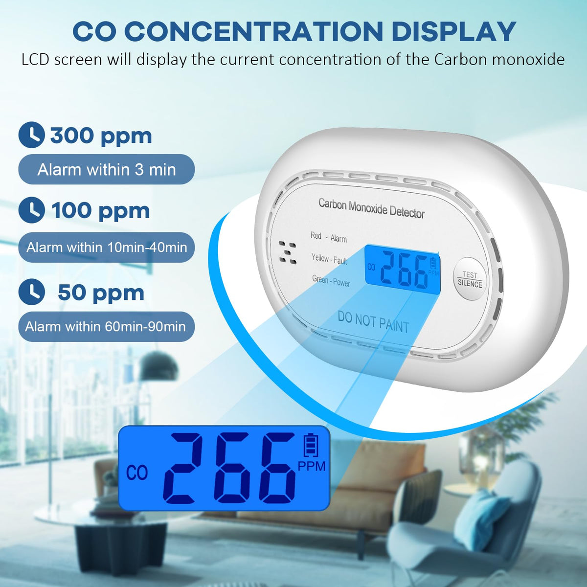 XINDUM Carbon Monoxide Detector 10-Year Battery LCD Display CE Black 2Pack
