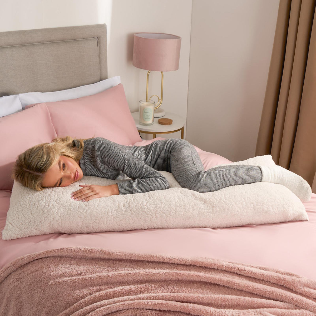 OHS Long Bolster Pillow Teddy Fleece Body Neck Pregnancy Support Cushion