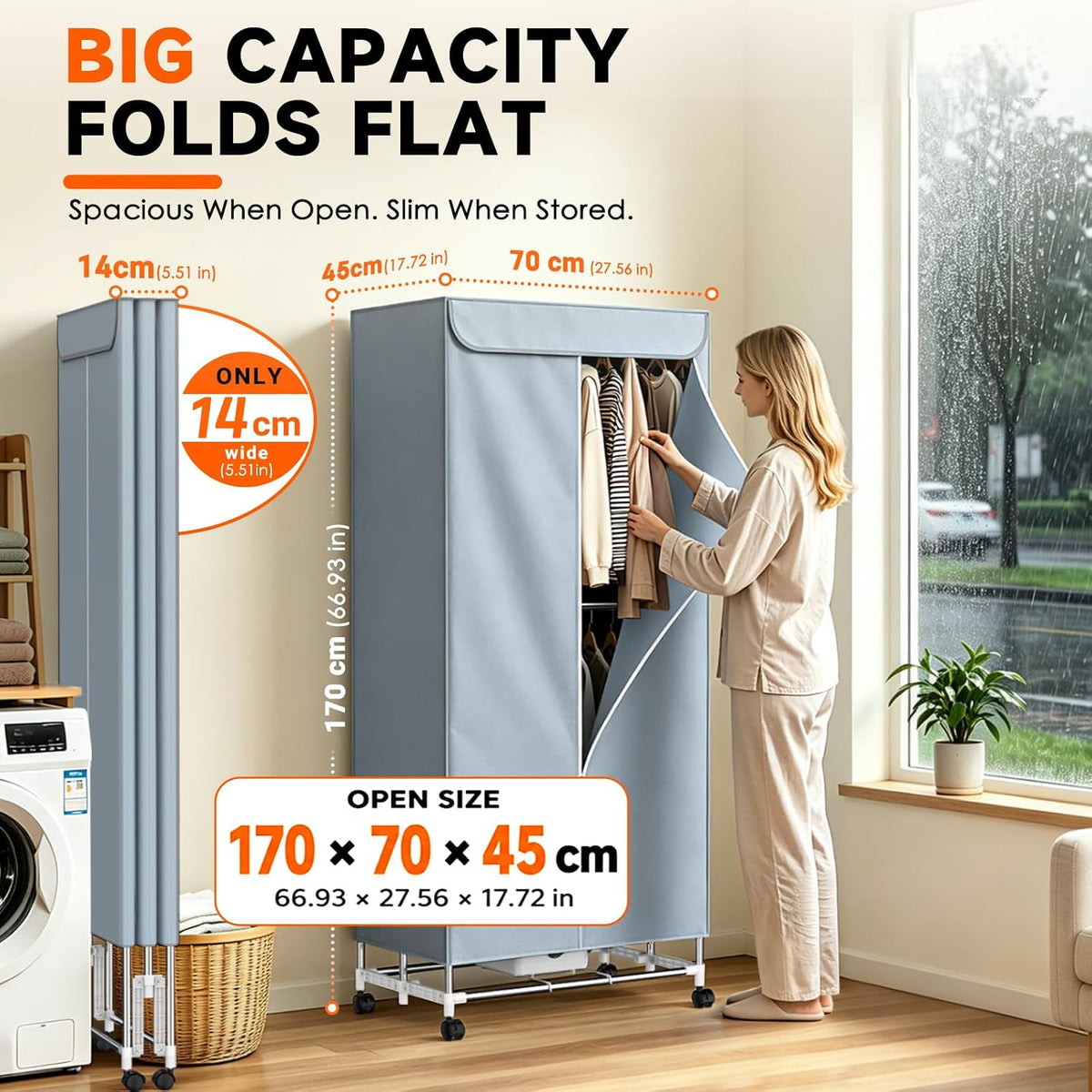 Feenao Heated Clothes Airer with Cover, 30-Min Fast Drying Clothes Dryer, Portable Indoor Laundry Dryer 16kg Large Capacity Double Layer Drying Rack, Lockable Wheels, Compact Dryer for Flats & Homes