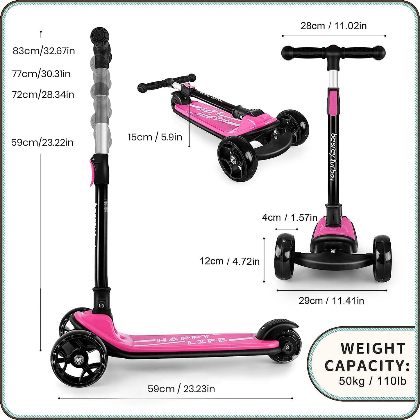 besrey 3-Wheel Toddler Scooter with Lean-to-Steer — Foldable, Anti-Slip Deck | Max 50 kg