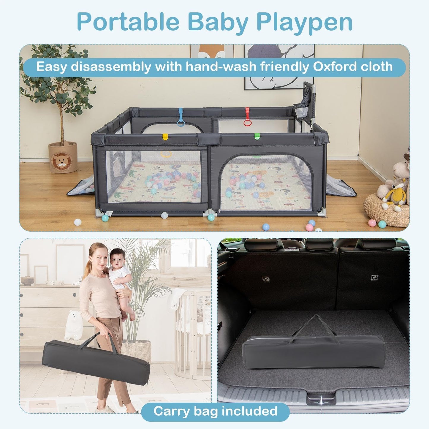 COSTWAY Baby Playpen, Toddler Mesh Play Pen with Mat, Pull Rings, Basketball Hoop, Football Nets, Ocean Balls, Indoor Outdoor Safety Playard for Babies and Toddlers (Light Gray, 207 x 142cm)