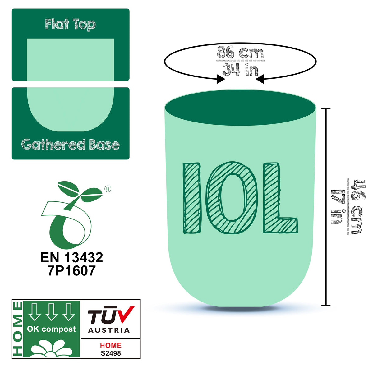 Greener Walker 6L-150Bags 100% Compostable Biodegradable Bin Liners 6L/10L/30L Food Waste Bags with EN13432 Certificate Caddy Kitchen Bin Liners