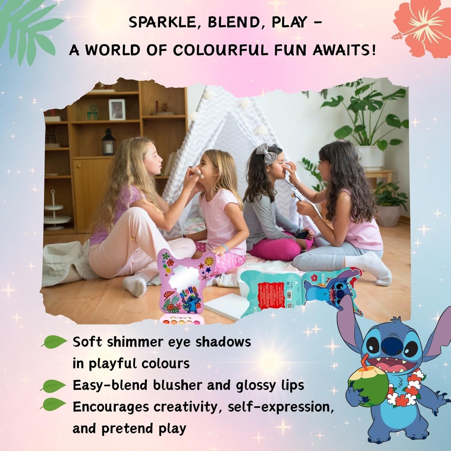 Disney Stitch Kids Make-Up Palette – Complete Cosmetic Kit with Eye Shadow, Blusher, Lip Gloss, Mirror & Brush| Safe, Non-Toxic Beauty Gift Set for Girls