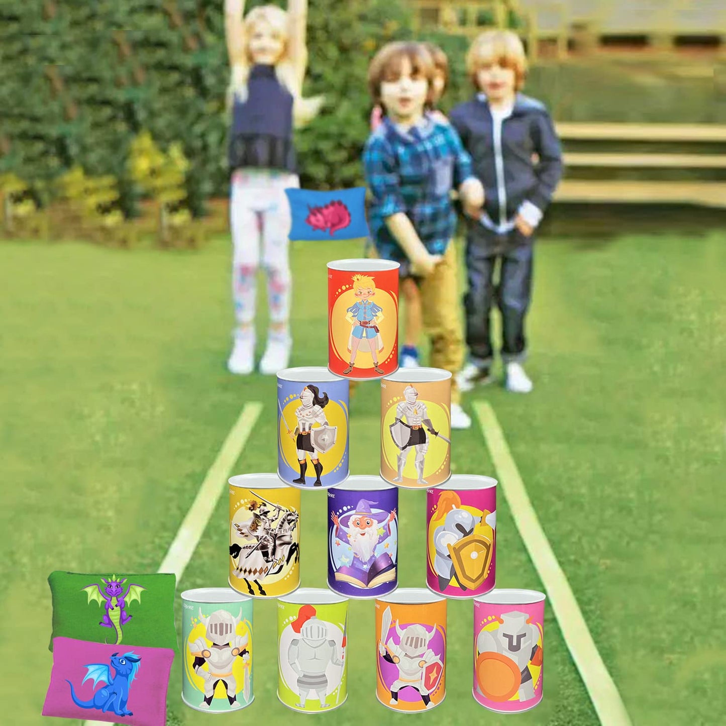 Tin Can Alley Game, Outdoor Garden Target Shooting Fairground Games for Kids & Children, Garden Party Toys Gift for Boys & Girls: 10pcs Fun Smile Knock Down Tin Cans and 3pcs Beanbags