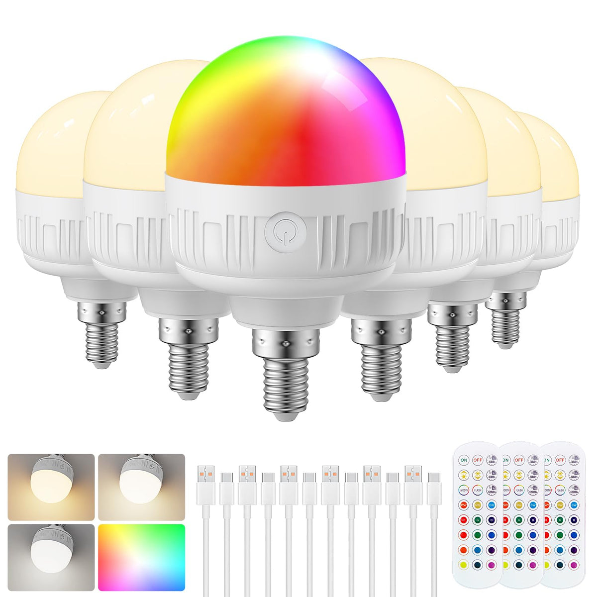 LGMCF E14 Rechargeable Light Bulb, 8W, 3 Colors, Timer, Dimmable, 2 Pack