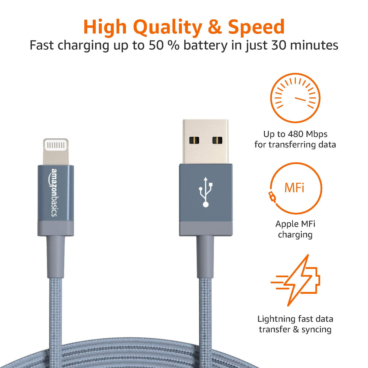 Amazon Basics USB-A to Lightning Charger Cable, Nylon Braided Cord, MFi Certified for Apple iPhone 14 13 12 11 X Xs Pro, Pro Max, Plus, iPad, 0.9 m, Silver