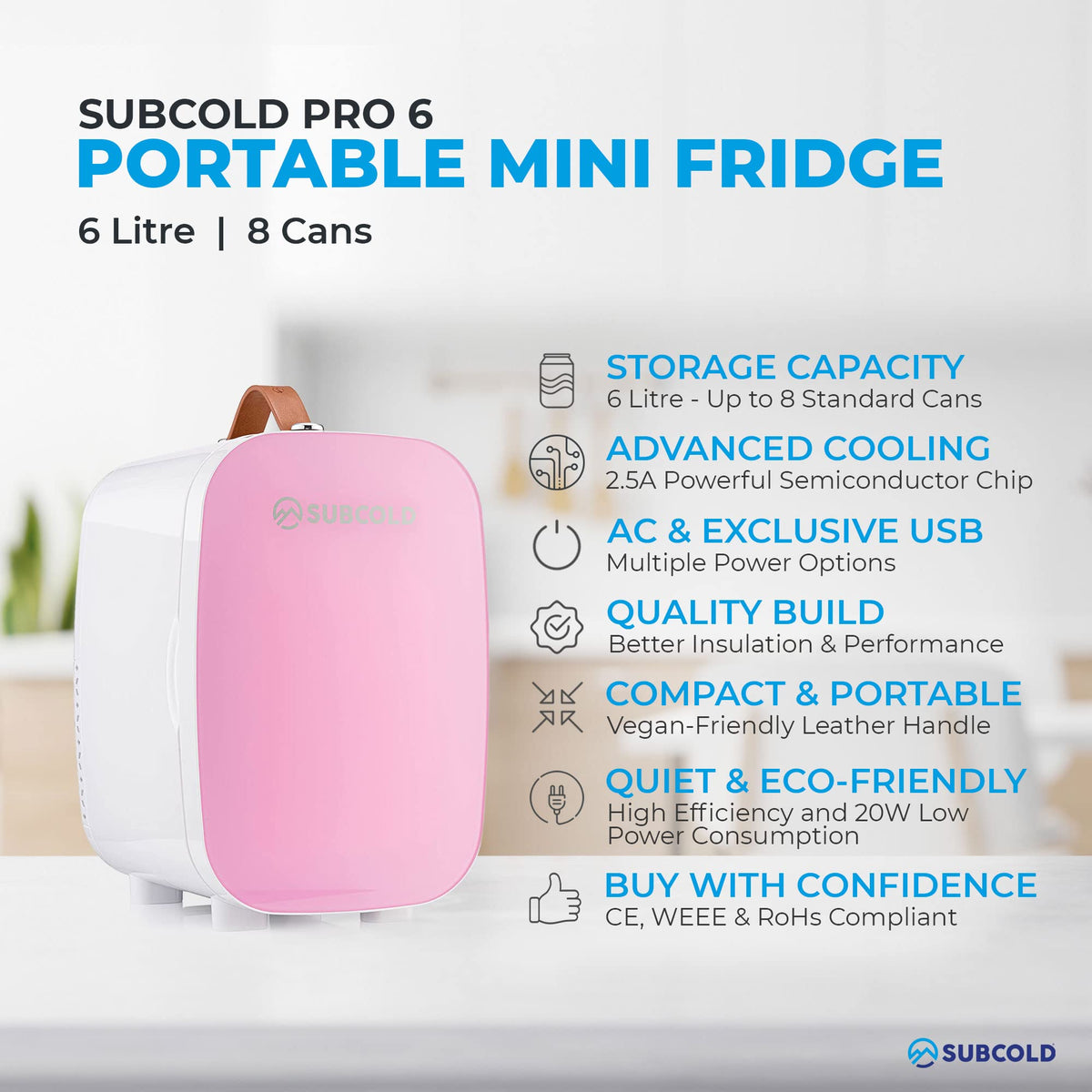 Subcold Pro4 Mini Fridge 4L, Quiet Small Fridge for Bedroom, AC & USB