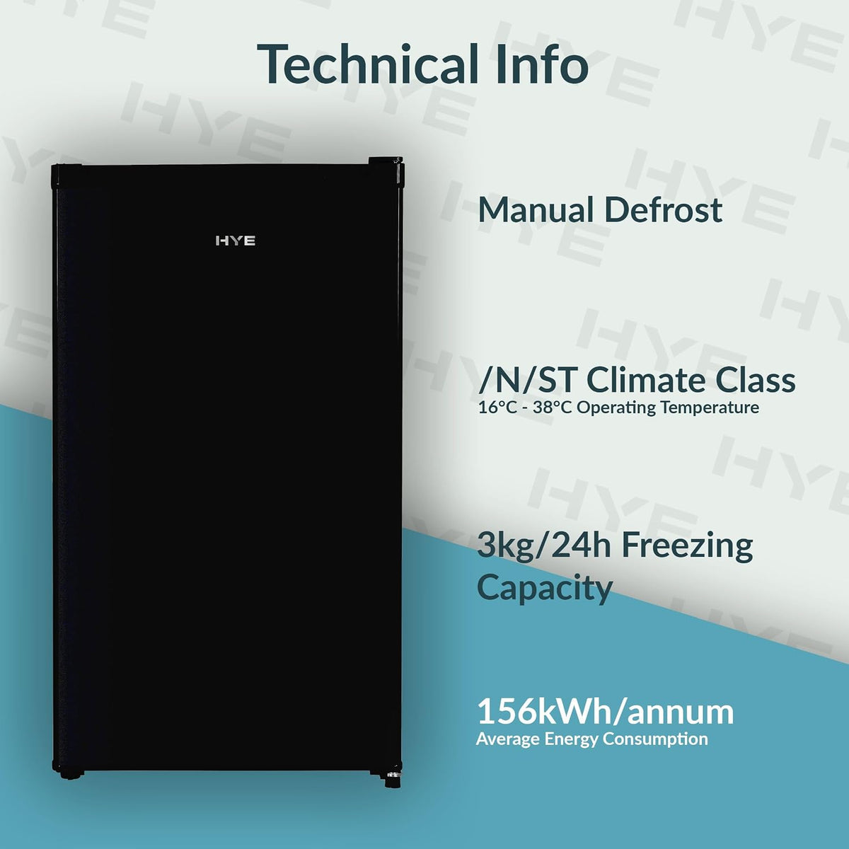 HYE Under Counter Freezer - 60L capacity, 85cm Height, 48cm Width, Black