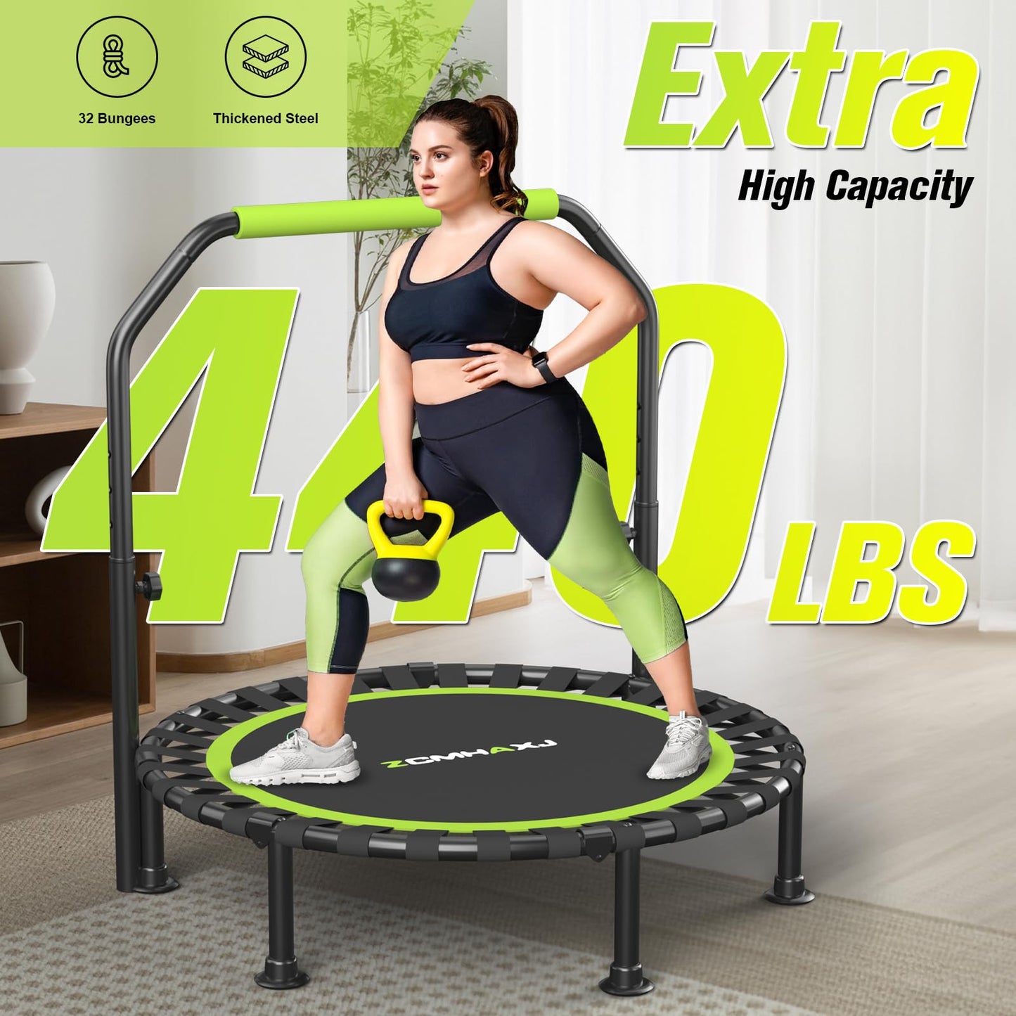 ZCMHAXJ Foldable Mini Trampoline, 40" Rebounder Trampoline for Adults & Kids, 450lbs Capacity with/without U/T-Shaped Adjustable Bar, Indoor Fitness Workout Exercise Equipment