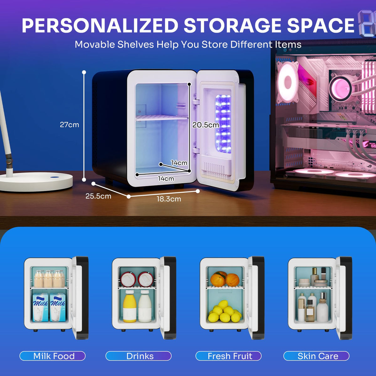 4 Liter Mini Fridge with RGB LED Mirror, AC/DC Skincare Fridge