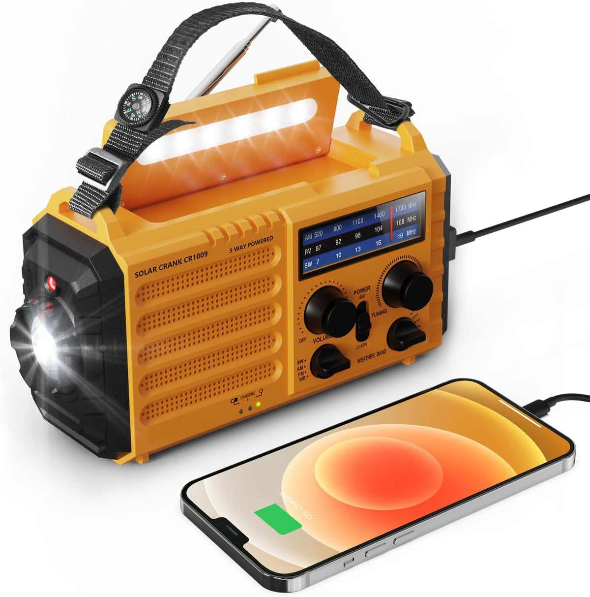 Mesqool Wind Up Radio Solar Powered, 5000mAh Emergency Hand Crank AM FM Radio with Flashlight, Reading Lamp, USB Phone Charger, SOS Alarm and Compass