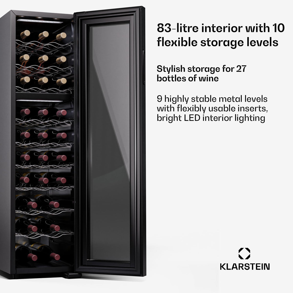 KLARSTEIN Shiraz Wine Cooler Black – 8 Bottles, 1 Zone | Freestanding Wine Fridge with Glass Door, Quiet, 5–18 °C, LED, Stainless Steel Frame