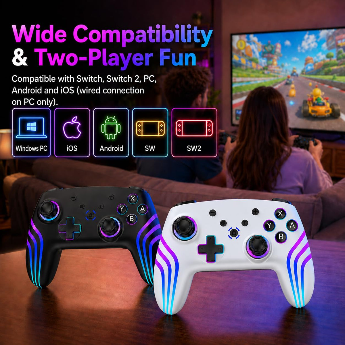 Riscvma 2pcs Controller for Switch/Switch 2/Lite/OLED/PC, Wireless Controller for Switch with 7 Color Changing RGB Lighting/Dual Vibration/6 Axis Gyroscope/Turbo, Ergonomic Precise Joystick