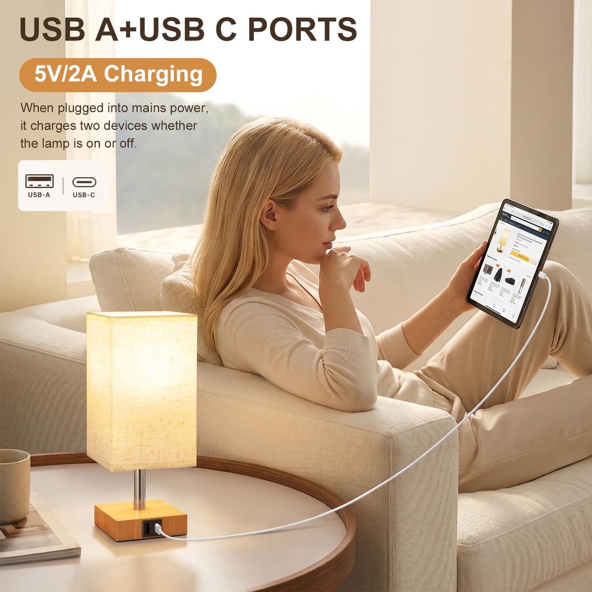 White Table Lamp for Bedroom, Small Bed Lamp with for Bedroom, Silver Base(Bulb Included)