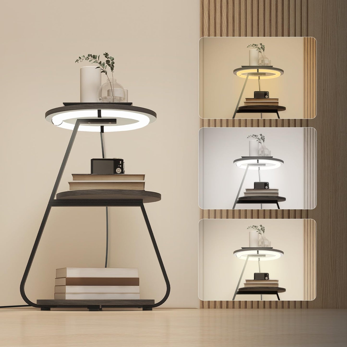 ARTETHYS Side Table, Small Round Coffee Table with 3 Color LED Lights, End Table with 3 Tier Storage Shelves, Bedside Sofa Side Tables for Living Room Bedroom, Rustic Brown