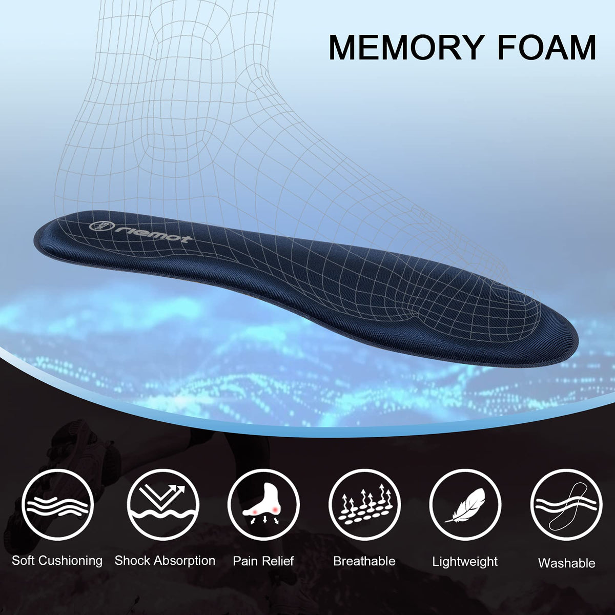 riemot Memory Foam Insoles for Men and Women - Replacement Shoe Inserts Comfort Cushioning for Sports Shoes, Trainers, Sneakers, Work Boots and Walking Shoes
