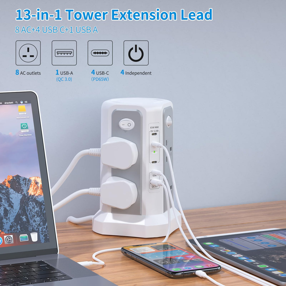 HAFINO Tower Extension Lead 3M with USB Slots and Night Light, 4 Switches