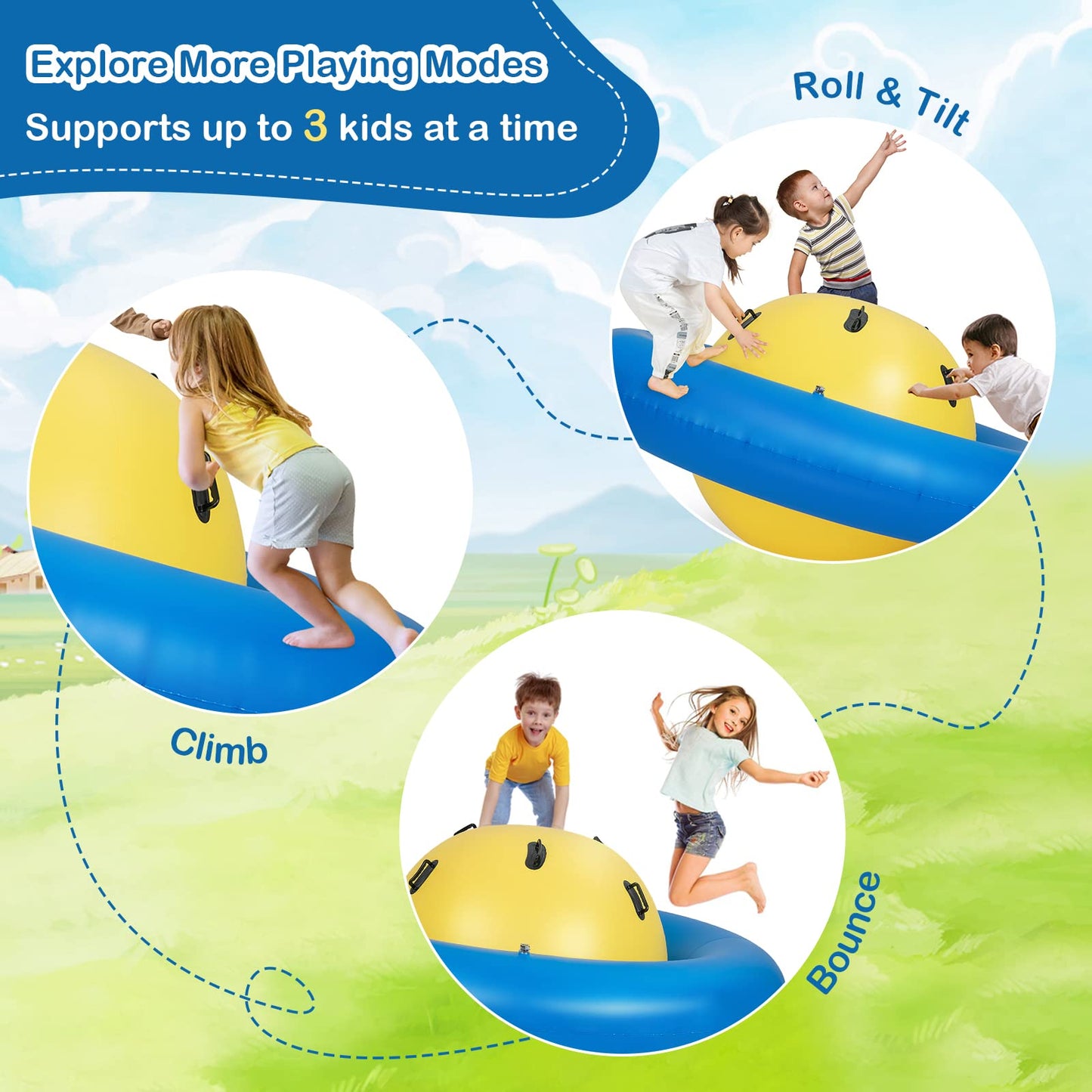 GYMAX 88'' Inflatable Dome Rocker Bouncer, Giant Inflatable Rocking Planet with 6 Handles, Indoor Outdoor Large Blow Up Rocking Ball for 5 Years Old+ Boys Girls, Max Weight 113kg (Pink+Green)