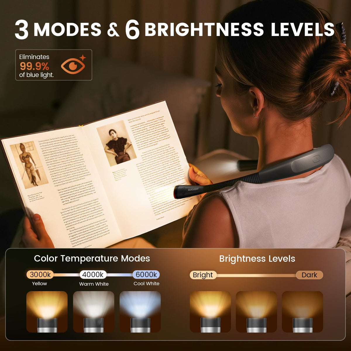 Glocusent Reading Light, Original LED Neck Lights 3 Colors 6 Brightness