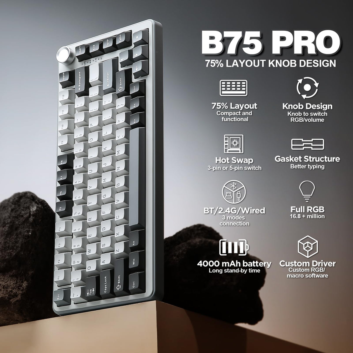 YUNZII B75 PRO 75% Wireless Mechanical Keyboard (Black Heart,Cocoa Switch)