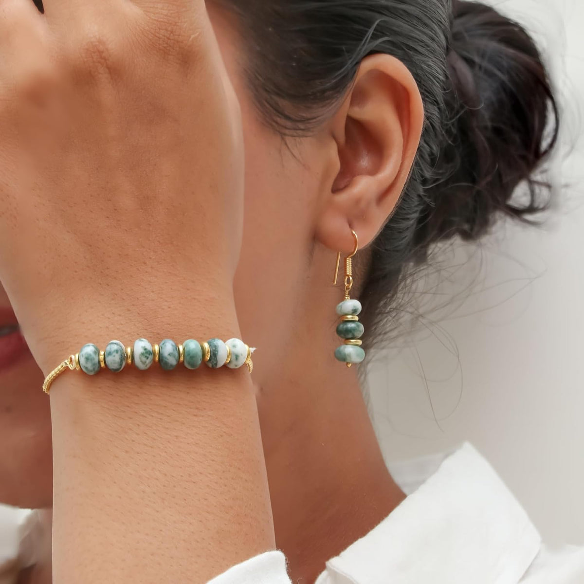 Gempires Natural Gemstone Rondelle Bead Earrings for Women | 8mm Beaded Drop Dangle Earrings | Gold Plated Hypoallergenic Hook Jewelry | Handmade Lightweight Crystal Earrings