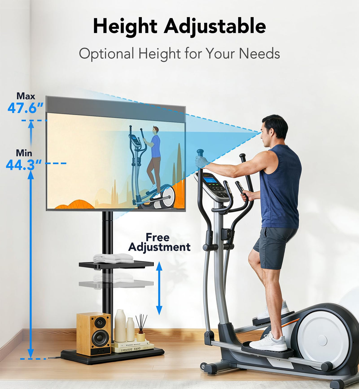 Floor TV Stand with Mount for 26-55 inch TVs up to 35 kg, Height Adjustable Swivel Tilt TV Stand with Wood Base & Shelf, Saving Space Design for Bedroom, Living Room and Corner, White