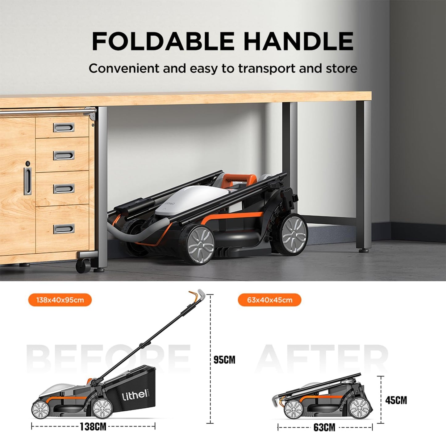 Litheli Cordless Lawnmower, 20V/33cm Cutting Width, Battery Lawn Mower, 5 Cutting Heights, 30L Grass Box, Incl. 4.0Ah Battery