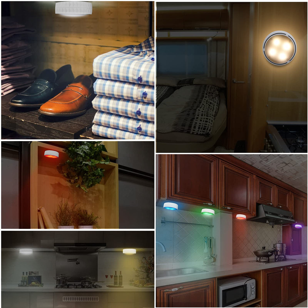 Under Cabinet Lights, Wireless LED Puck Lights Remote Control, 4000K Natural White Brightness Dimmable Battery Powered Touch Closet Cupboard Kitchen Wardrobe Lights, 6 Pack (White)
