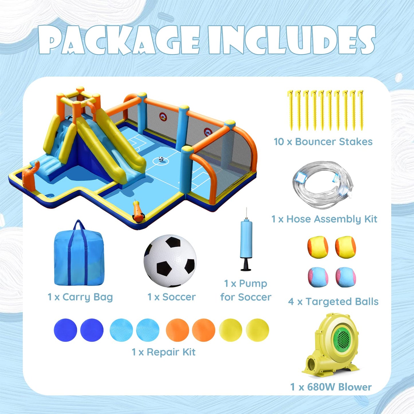 COSTWAY 5-in-1 Inflatable Water Park with Slide, Bouncy Castle, Football Field & Pool — Ages 3-12