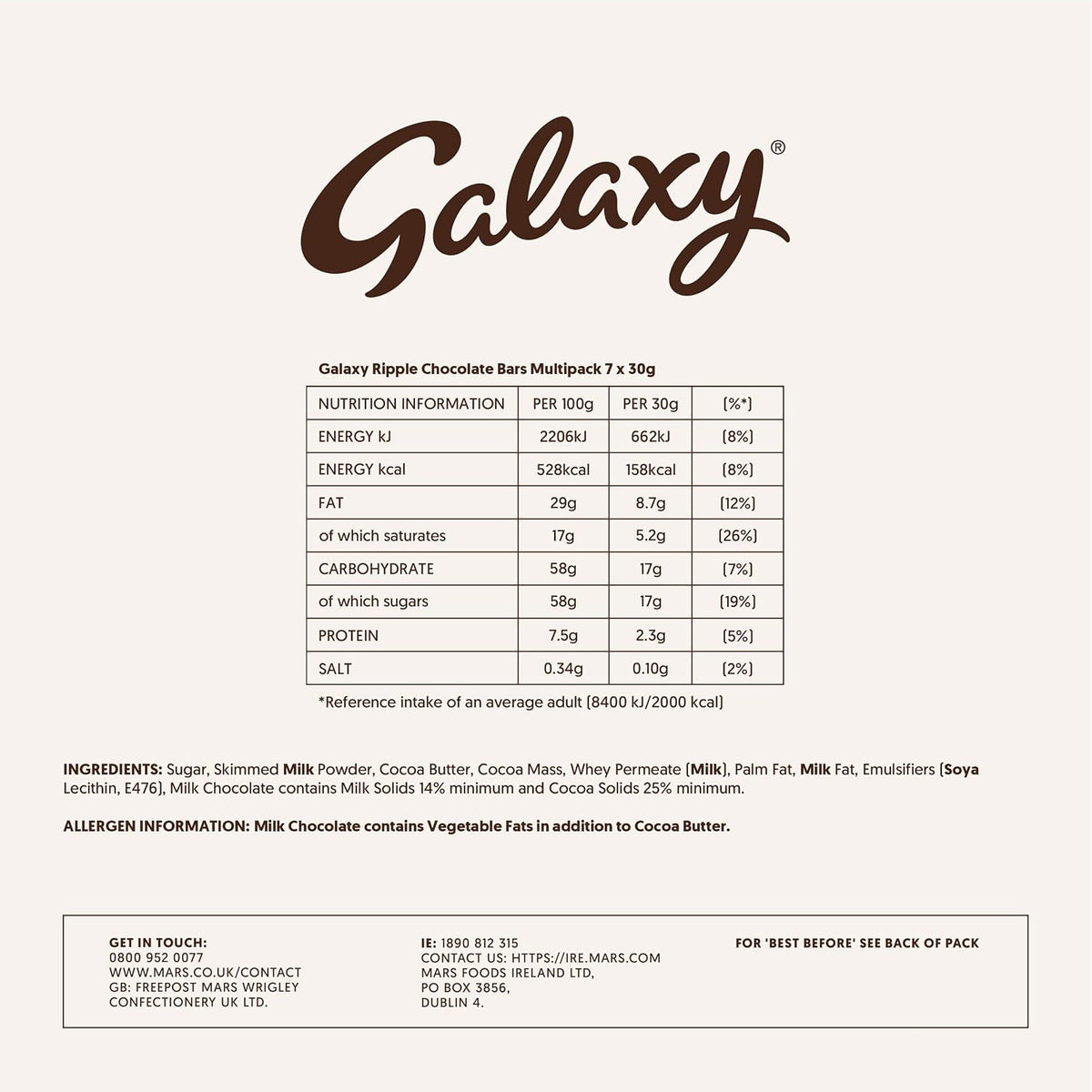 Galaxy Ripple Milk Chocolate Sharing Snacks Sweet Treats Multipack 7 x 30g