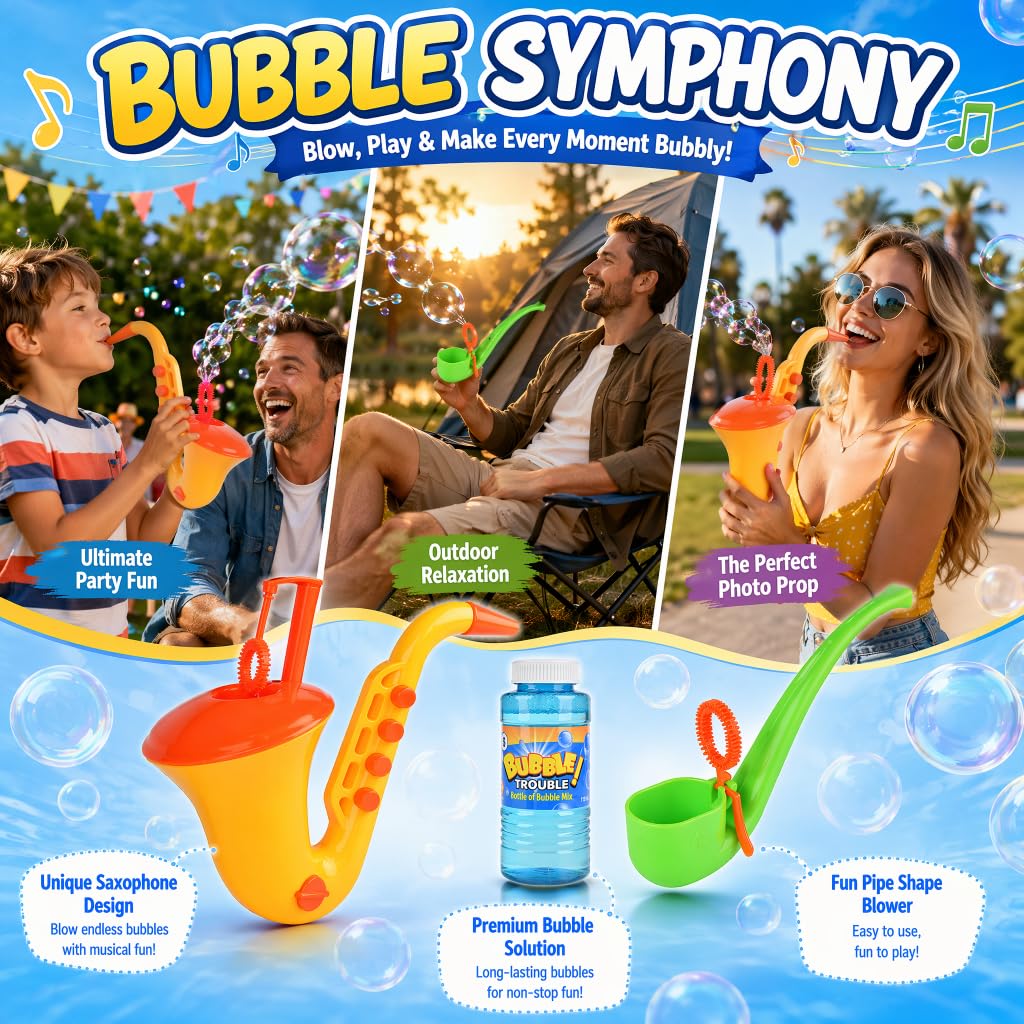2Pcs Bubble Machine Toys Set, Saxophone Bubble Gun & Pipe Shaped Bubble Blower with Bubble Solution, Kids Outdoor Bubble Toys for Summer Party, Backyard Fun, Birthday Gifts, Reusable Bubble Makers