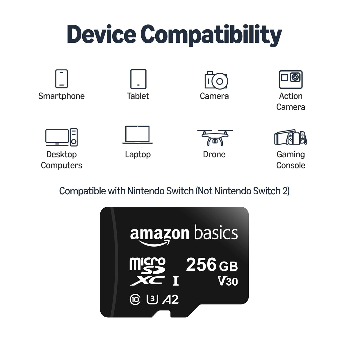 Amazon Basics microSDXC Memory Card with Full Size Adapter, A2, U3, Read Speed up to 100 MB/s, 128GB, Black